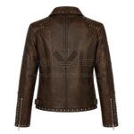 Back View of Distressed brown studded leather jacket featuring Distressed Leather Finish & All-Over Studded Design