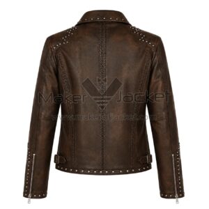 Back View of Distressed brown studded leather jacket featuring Distressed Leather Finish & All-Over Studded Design