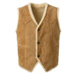 Front View of Faux Fur Lined Suede Vest Featuring V-Neck and Snap Button Closure.