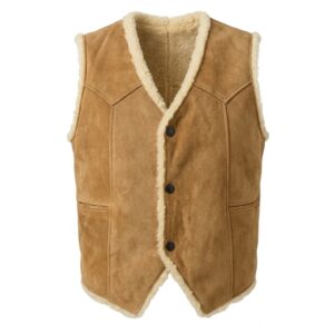 Front View of Faux Fur Lined Suede Vest Featuring V-Neck and Snap Button Closure.