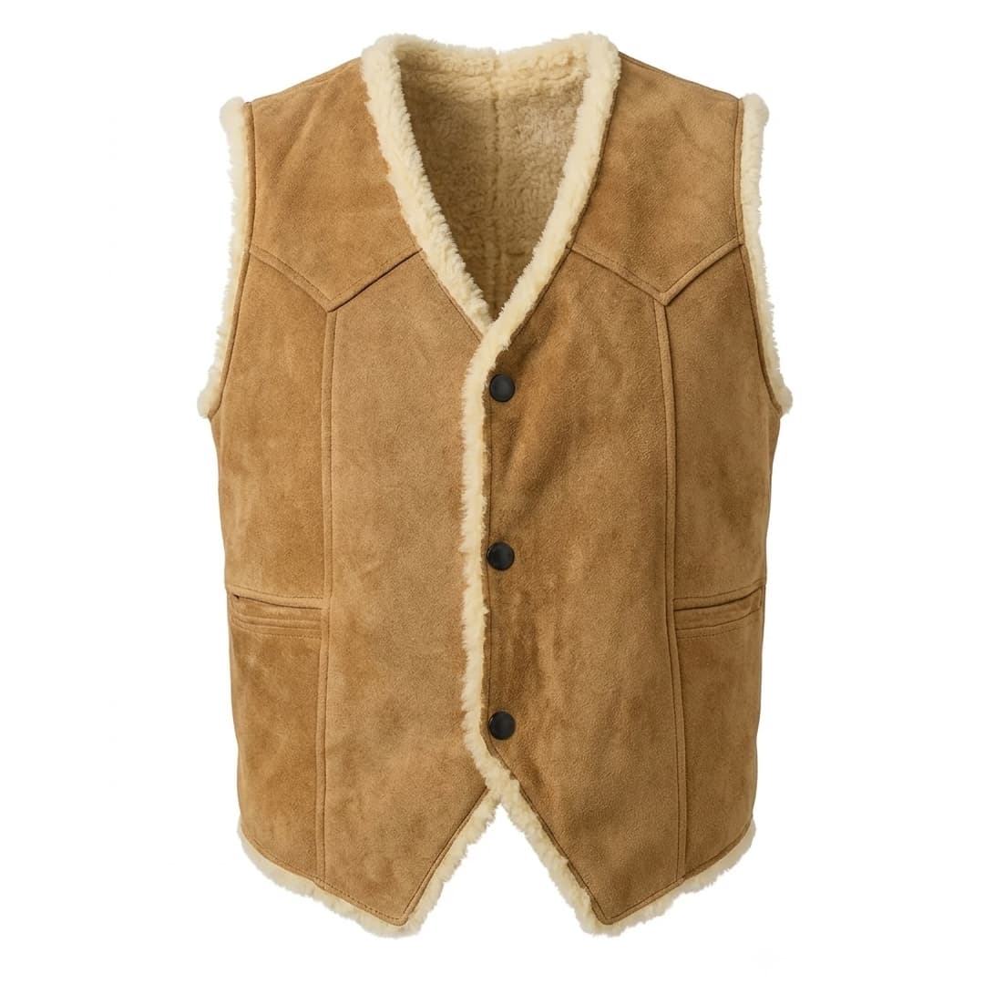 Faux-Fur-Lined-Suede-Vest-Front-1200px-x-1200px Front View of Faux Fur Lined Suede Vest Featuring V-Neck and Snap Button Closure.