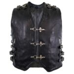 Front View Of Front Hook Closure Leather Vest featuring a V-neck collar, silver hook closures, two front zipper pockets, adjustable side laces, and shoulder buckles.