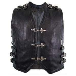 Front View Of Front Hook Closure Leather Vest featuring a V-neck collar, silver hook closures, two front zipper pockets, adjustable side laces, and shoulder buckles.