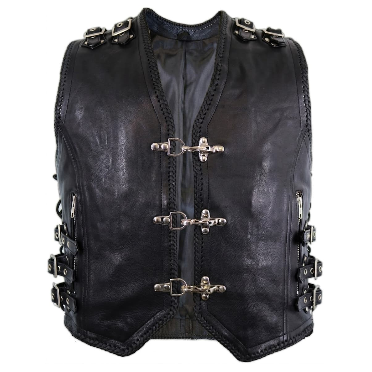 Front-Hook-Closure-Leather-Vest-Front-Image Front View Of Front Hook Closure Leather Vest featuring a V-neck collar, silver hook closures, two front zipper pockets, adjustable side laces, and shoulder buckles.