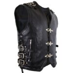 Right Side View Of Front Hook Closure Leather Vest featuring adjustable side laces, decorative buckles, zipper pocket, premium leather construction, and braided edge detailing.