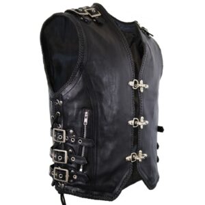 Right Side View Of Front Hook Closure Leather Vest featuring adjustable side laces, decorative buckles, zipper pocket, premium leather construction, and braided edge detailing.