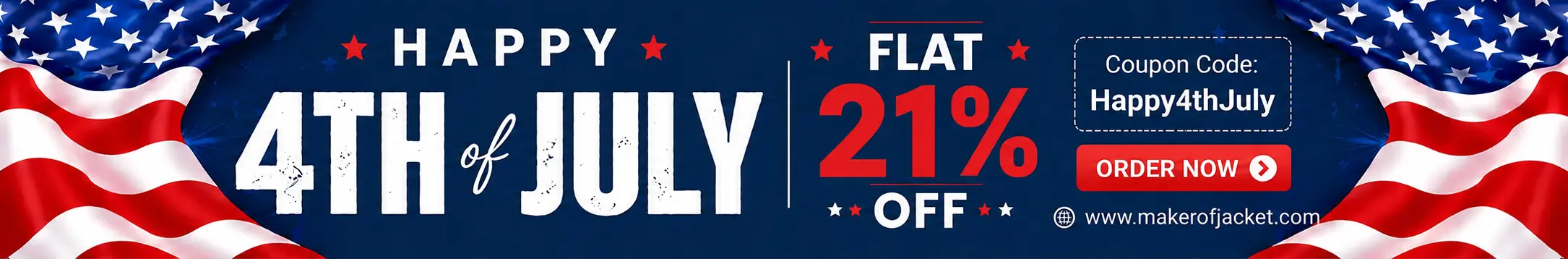 Happy 4th of July sale banner from Maker of Jacket featuring US flags and a coupon code offering a flat 20% discount on custom outerwear online.