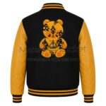 Back View of Hazard Bear Patches Varsity Jacket featuring premium wool body, leather sleeves, rib-knit waistband, and large HAZARD Bear graphic patch.