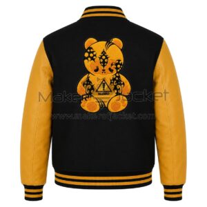 Back View of Hazard Bear Patches Varsity Jacket featuring premium wool body, leather sleeves, rib-knit waistband, and large HAZARD Bear graphic patch.