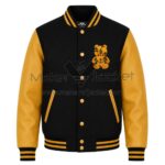 Front View of Hazard Bear Patches Varsity Jacket featuring a wool body, leather sleeves, rib-knit trim, snap button closure, and HAZARD Bear chest patch.