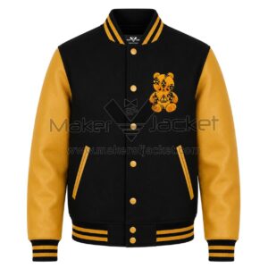 Front View of Hazard Bear Patches Varsity Jacket featuring a wool body, leather sleeves, rib-knit trim, snap button closure, and HAZARD Bear chest patch.