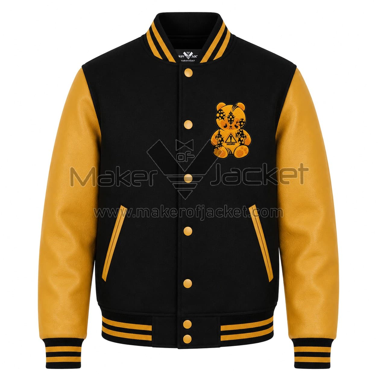 Hazard-Bear-Patches-Varsity-Jacket-Front-Image Front View of Hazard Bear Patches Varsity Jacket featuring a wool body, leather sleeves, rib-knit trim, snap button closure, and HAZARD Bear chest patch.