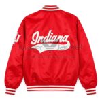 Back View Of Indiana Hoosiers Red Satin Jacket featuring bold INDIANA lettering in classic varsity style.
