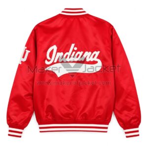Back View Of Indiana Hoosiers Red Satin Jacket featuring bold INDIANA lettering in classic varsity style.