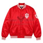 Front View oF Indiana Hoosiers Red Satin Jacket Featuring IU logo on chest, snap button closure, and rib-knit collar.