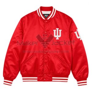Front View oF Indiana Hoosiers Red Satin Jacket Featuring IU logo on chest, snap button closure, and rib-knit collar.