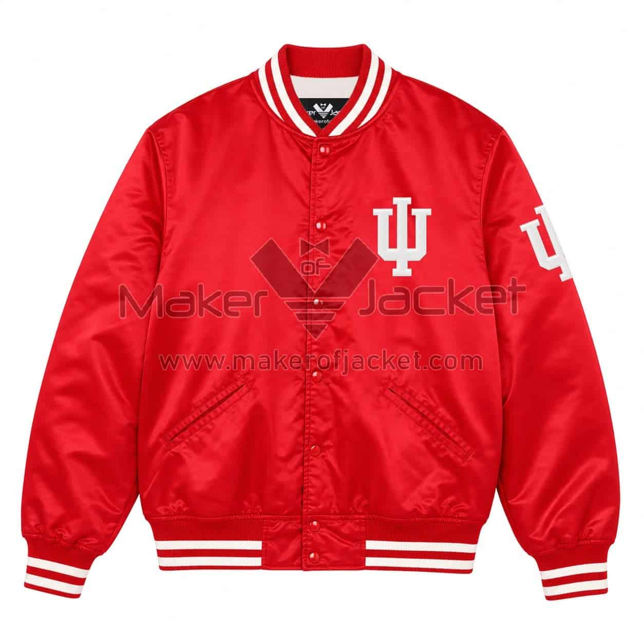 Indiana-Hoosiers-Red-Satin-Jacket-Front-Image Front View oF Indiana Hoosiers Red Satin Jacket Featuring IU logo on chest, snap button closure, and rib-knit collar.