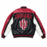 Back View of Indiana Hoosiers bomber leather jacket Featuring INDIANA Lettering and IU Logo in Black Red White.