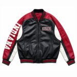 Front View Of Indiana Hoosiers bomber leather jacket Featuring Black Red White with HOOSIERS Chest Logo.