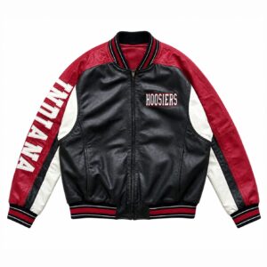 Front View Of Indiana Hoosiers bomber leather jacket Featuring Black Red White with HOOSIERS Chest Logo.