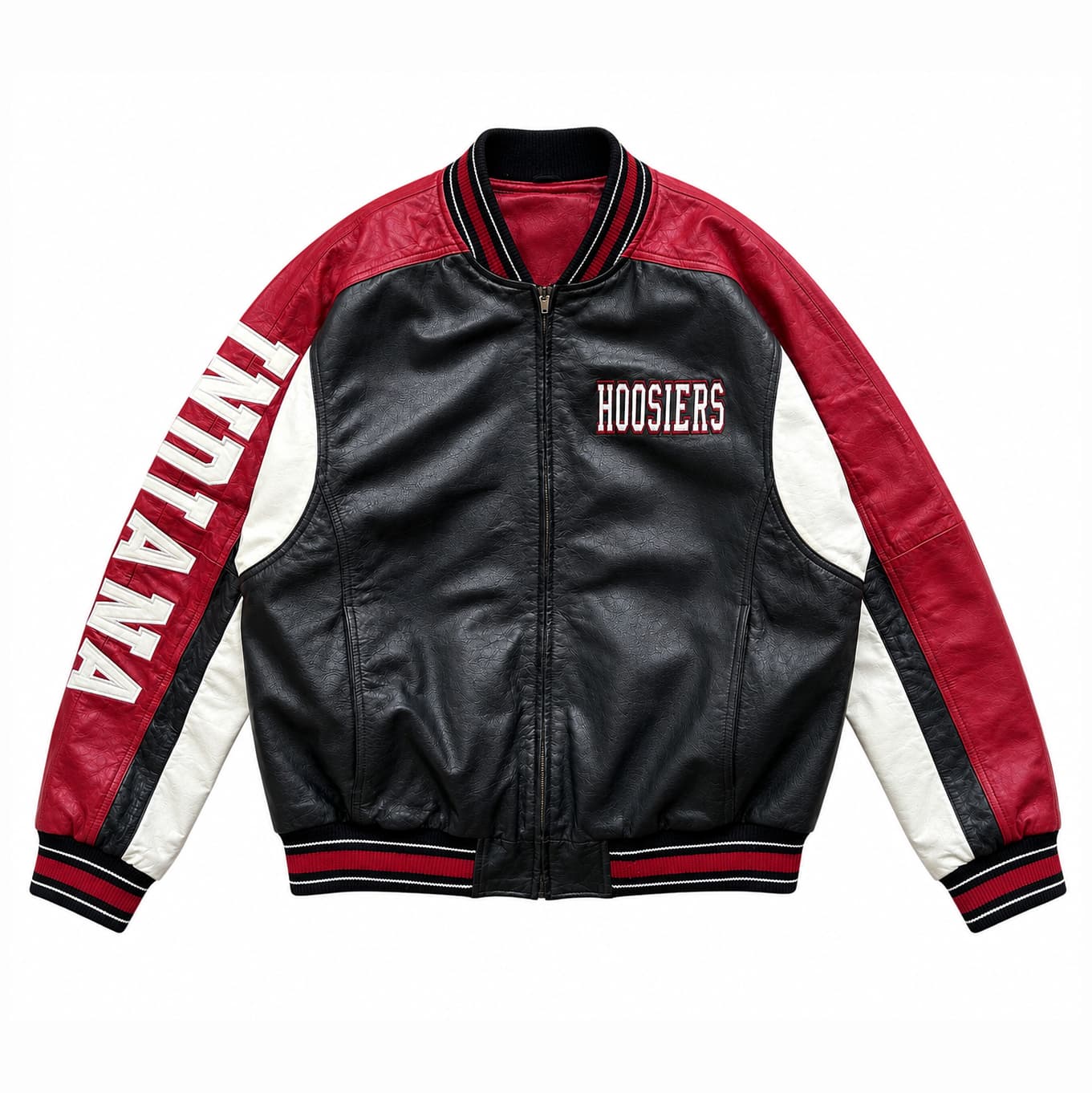 Indiana-Hoosiers-bomber-leather-jacket-Front-Image Front View Of Indiana Hoosiers bomber leather jacket Featuring Black Red White with HOOSIERS Chest Logo.