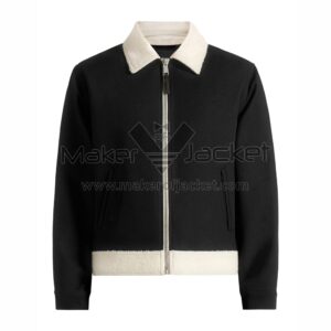 Front View Of Keith Twill Contrast Jacket Featuring fur shirt collar and YKK zipper closure.