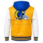 Back View Of LA Rams Gold Hooded Jacket Featuring large LA Rams Helmet logo on white and blue satin.