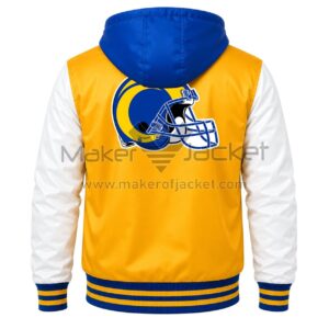 Back View Of LA Rams Gold Hooded Jacket Featuring large LA Rams Helmet logo on white and blue satin.