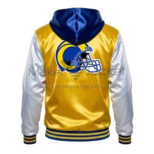 Back View Of LA Rams Gold Hooded Jacket Featuring large LA Rams Helmet logo on white and blue satin.
