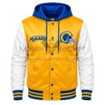 Front View LA Rams Gold Hooded Jacket Featuring LA Rams chest logo, snap button closure, and satin finish.