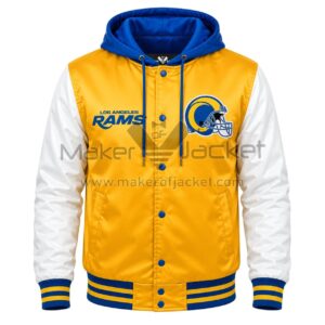 Front View LA Rams Gold Hooded Jacket Featuring LA Rams chest logo, snap button closure, and satin finish.
