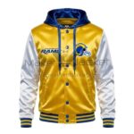 Front View LA Rams Gold Hooded Jacket Featuring LA Rams chest logo, snap button closure, and satin finish.