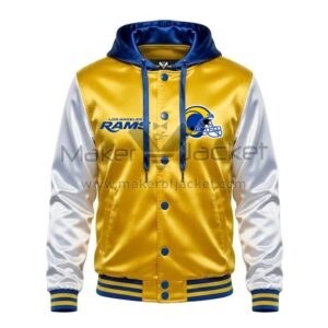 Front View LA Rams Gold Hooded Jacket Featuring LA Rams chest logo, snap button closure, and satin finish.