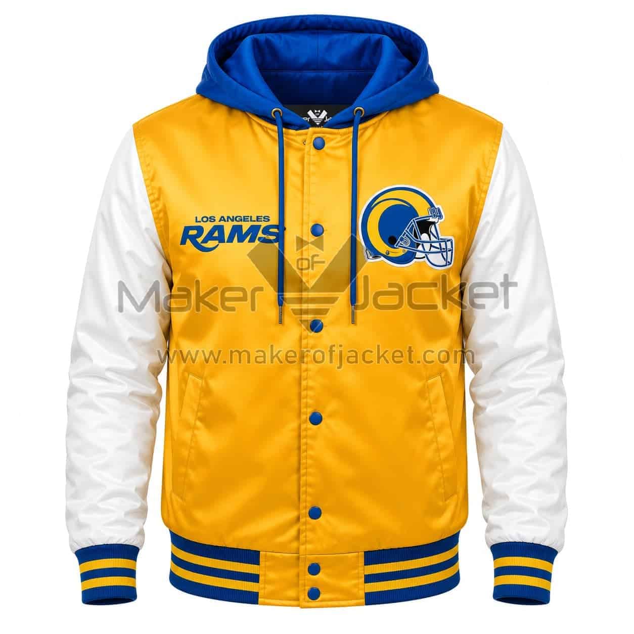 LA-Rams-Gold-Hooded-Jacket-Front Front View LA Rams Gold Hooded Jacket Featuring LA Rams chest logo, snap button closure, and satin finish.