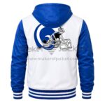 Back View Of LA Rams Hooded Satin Jacket Featuring large LA Rams Helmet logo on white and blue satin.