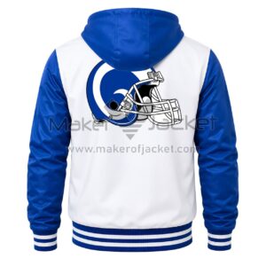 Back View Of LA Rams Hooded Satin Jacket Featuring large LA Rams Helmet logo on white and blue satin.