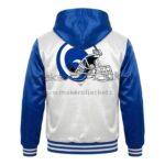 Back View Of LA Rams Hooded Satin Jacket Featuring large LA Rams Helmet logo on white and blue satin.