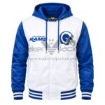Front View Of LA Rams Hooded Satin Jacket Featuring LA Rams chest logo, snap button closure, and satin finish.