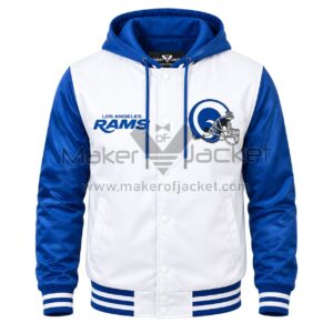 Front View Of LA Rams Hooded Satin Jacket Featuring LA Rams chest logo, snap button closure, and satin finish.