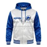 Front View Of LA Rams Hooded Satin Jacket Featuring LA Rams chest logo, snap button closure, and satin finish.