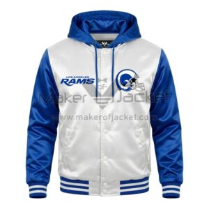 Front View Of LA Rams Hooded Satin Jacket Featuring LA Rams chest logo, snap button closure, and satin finish.