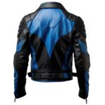 Back View Of Men Black Blue Biker Jacket featuring premium leather and an adjustable waist belt.