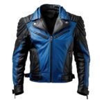 Front View of Men Black Blue Biker Jacket Featuring notch lapel collar, YKK zipper, and four front zipper pockets.