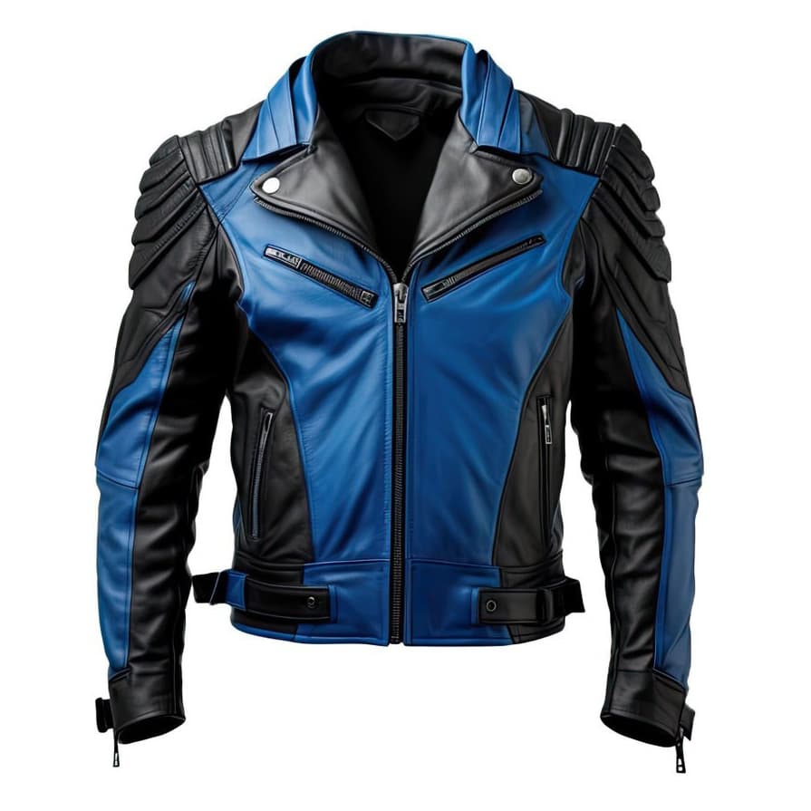 Men-Black-Blue-Biker-Jacket-Front-Image Front View of Men Black Blue Biker Jacket Featuring notch lapel collar, YKK zipper, and four front zipper pockets.