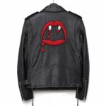 Back View Of Paris Blood Luster Leather Jacket featuring bold vampire mouth embroidery on premium black leather.