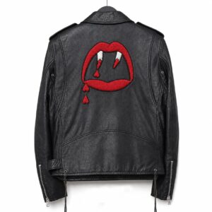 Back View Of Paris Blood Luster Leather Jacket featuring bold vampire mouth embroidery on premium black leather.