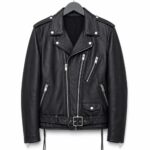 Front View oF Paris Blood Luster Leather Jacket Featuring notch lapel collar, asymmetrical zipper, and zippered pockets.