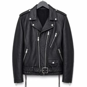 Front View oF Paris Blood Luster Leather Jacket Featuring notch lapel collar, asymmetrical zipper, and zippered pockets.