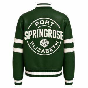 Back View Of Port Springrose Elizabeth Leather Jacket featuring the PORT SPRINGROSE ELIZABETH logo.