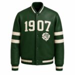 Front View Of Port Springrose Elizabeth Leather Jacket Featuring 1907 lettering, Springrose patch, and snap button closure.